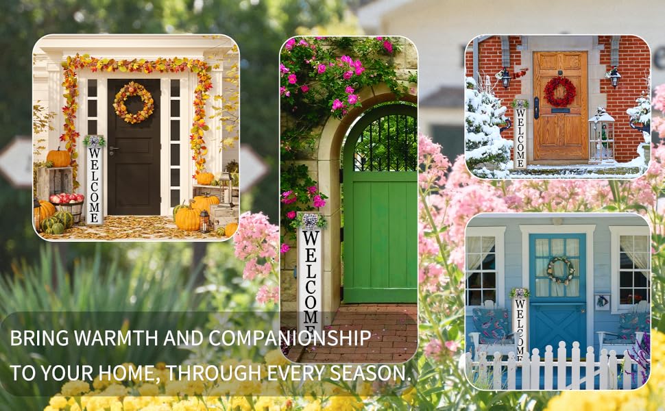 Collage of seasonal doorways with &#34;WELCOME&#34; signs, wreaths, flowers, and snow.