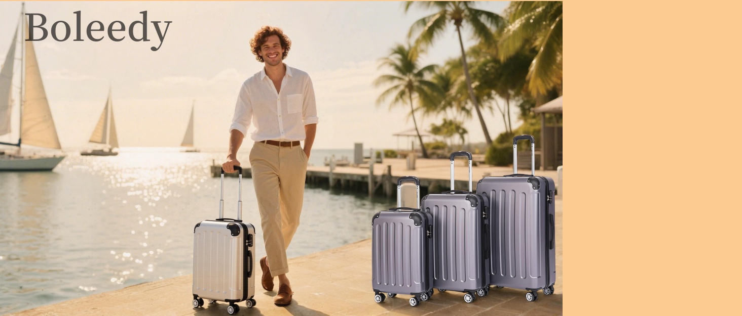Publicité montrant des bagages ou du matériel de voyage avec le texte de la marque « Boleedy » sur fond de plage.