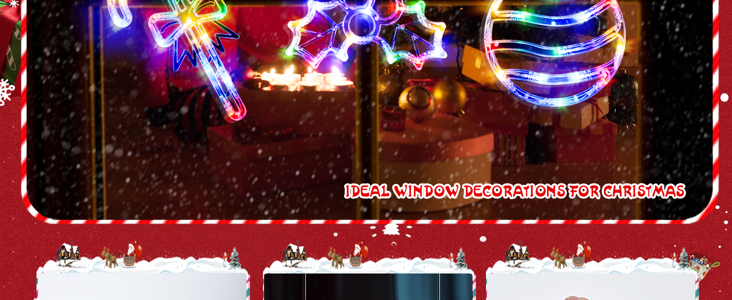 Outdoor holiday light display featuring illuminated neon-style decorations with bright blue and multicolored LED elements against dark background.