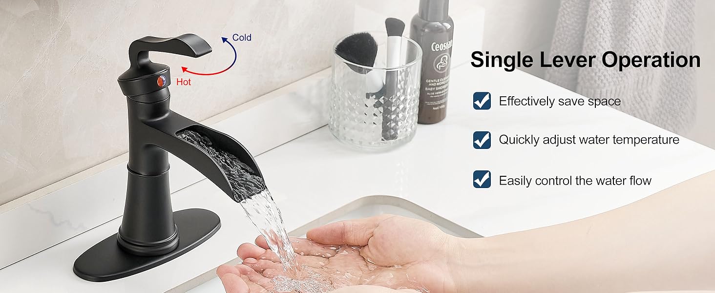 HEYMYTAP Brass Waterfall Bathroom Faucet Black, Single Handle Bathroom