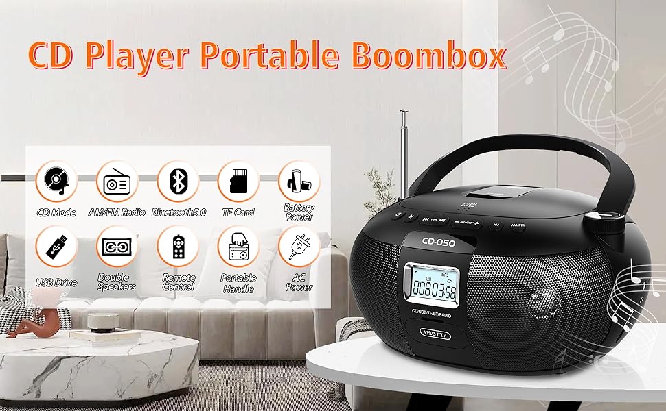 Greadio CD Player Boombox Portable with AM FM Stereo Radio