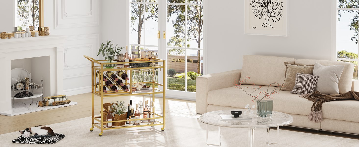 FATORRI Bar Cart for The Home with Wine Rack and Glasses Holder (Gold)