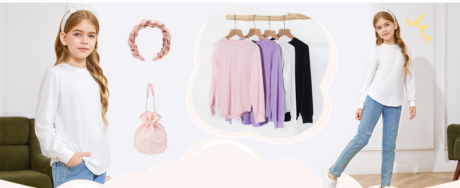 Sweatshirt Crewneck Long Sleeve Shirts for Girls High Low Tops Curved Hem for Youth 7-14 Years