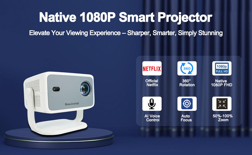 Native 1080P Smart Projector, official apps,360° rotation,auto focus,AI voice control, zoom function