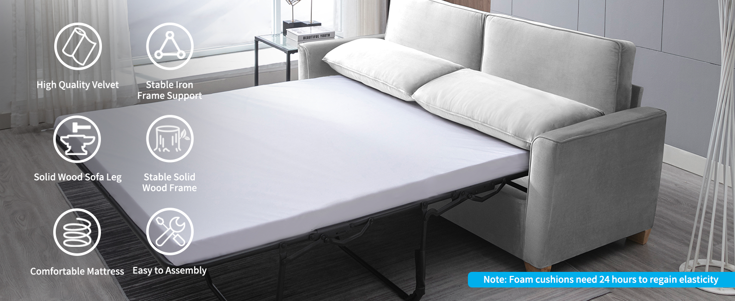 Mjkone 2in1 Pull Out Sofa Bed, Queen Size Velvet Sleeper
