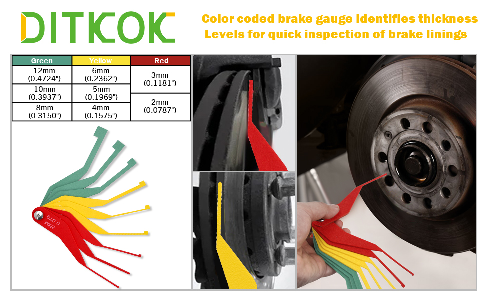 DITKOK 9Piece Metal Brake Pad Gauge Set, Brake Gauge Measure Tool to