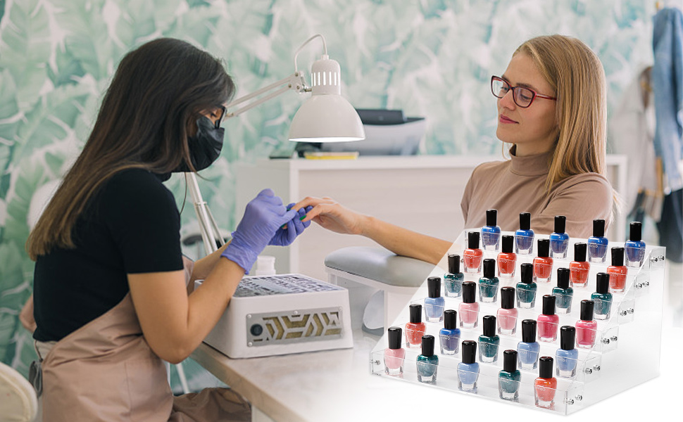 home nail tech table, organize polishes stand on table