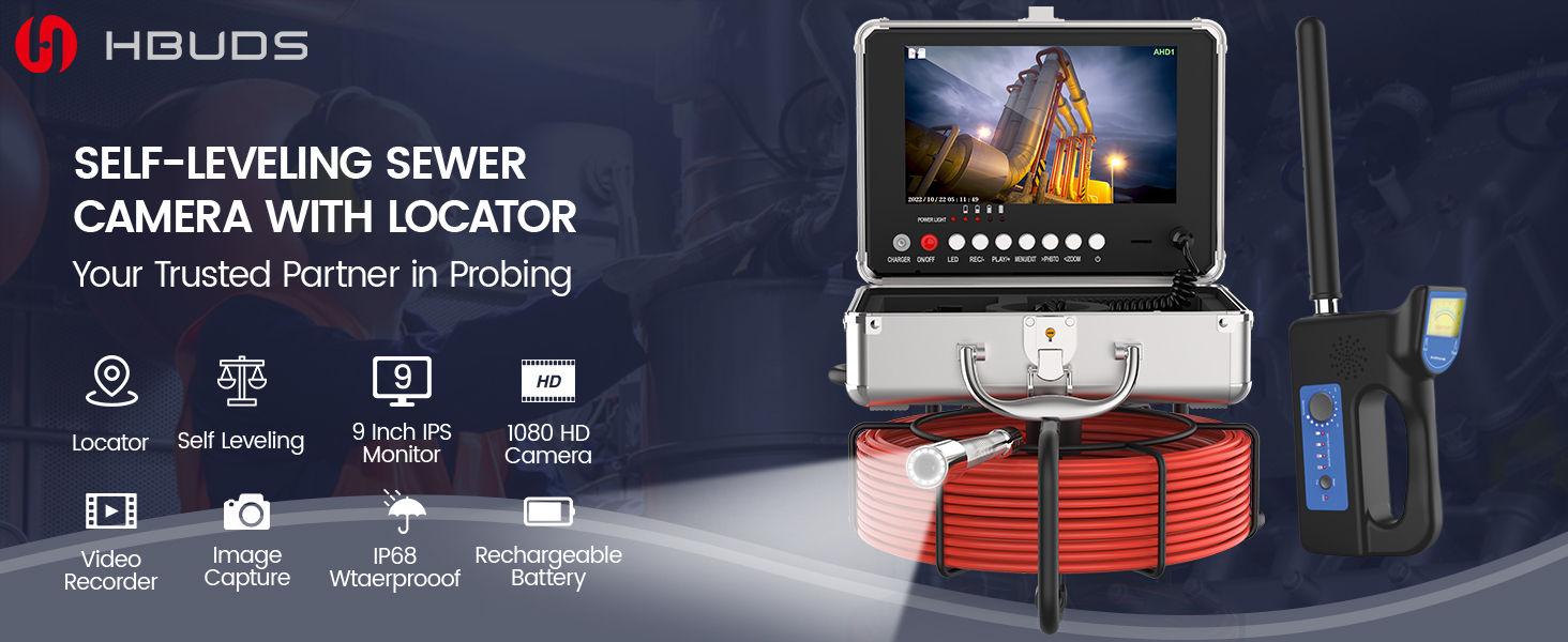 HBUDS Sewer Camera with Locator 165ft, SelfLeveling, 9