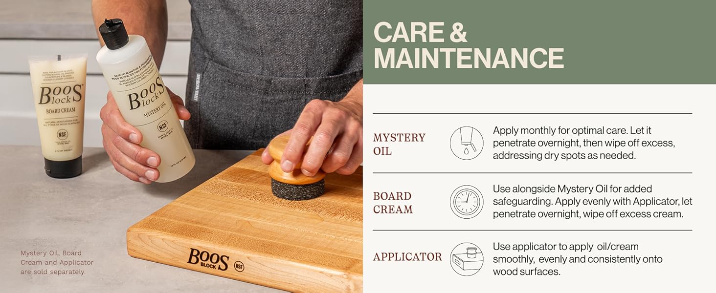 A person cleaning a wood block. Text read: Care &amp; Maintenance.