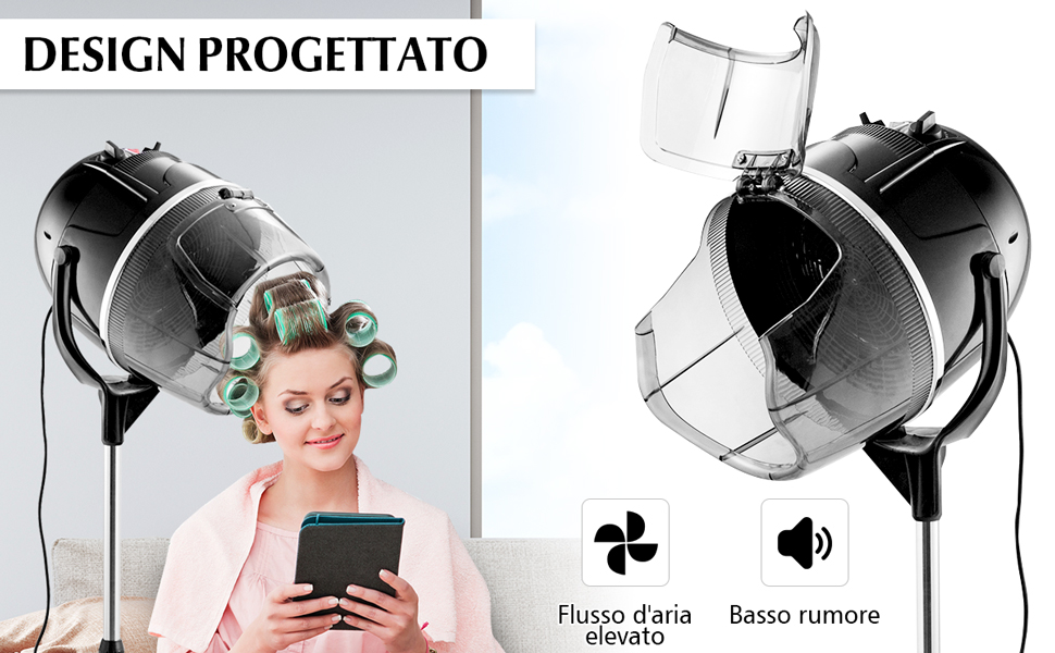 RELAX4LIFE Casco Asciugacapelli Professionale 1050 W, Temperatura 40/75 ºC Per Asciugatura E Styling, Timer Fino A 60 Min, Altezza Regolabile 125/160 Cm, Per Casa E Dal Parrucchiere, Nero 12 02