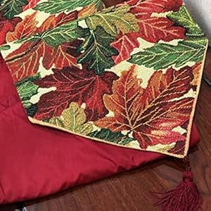 red, green, and orange autumn leaves fall foliage tapestry woven table runner
