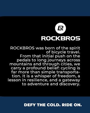 Text reads 'ROCKBROS' followed by brand story about cycling through mountains and cities. Black background with white text discussing freedom and adventure.
