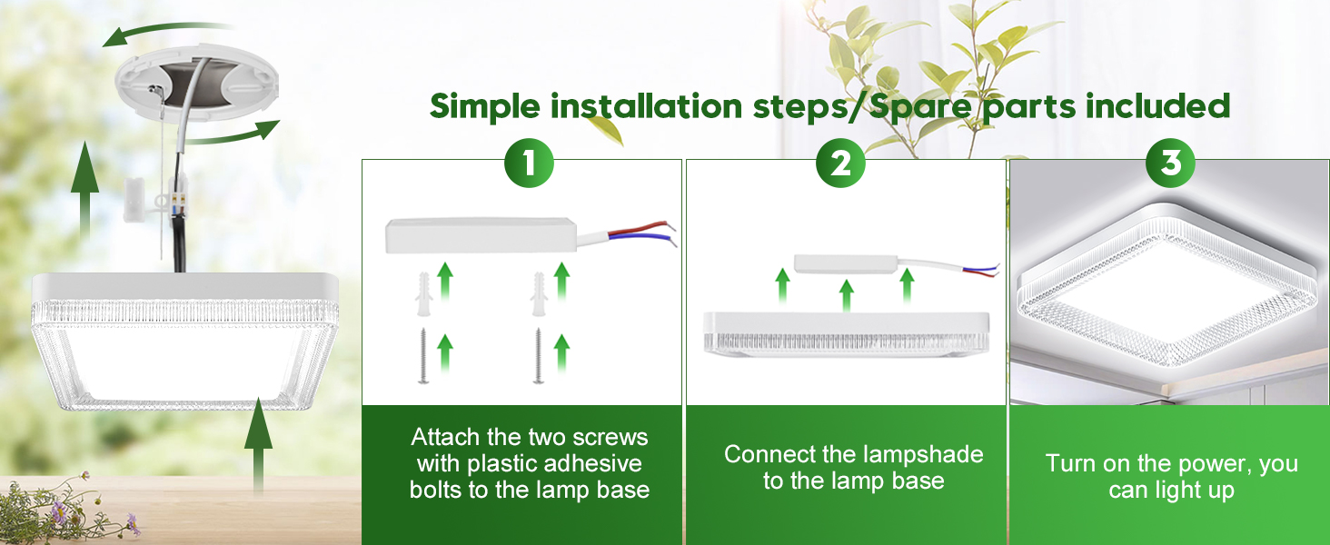 Three-step installation guide for a ceiling light fixture, showing attachment, connection, and powering on processes.