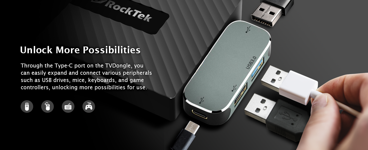 RockTek, TVDongle, GB1, Google TV, type c, USB, keyboard, mouse, game controller, expand