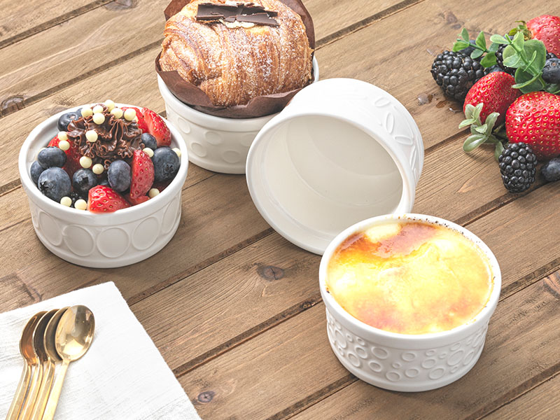 JoyJolt Small Ramekins 4 oz Oven Safe Bowls. White Embossed