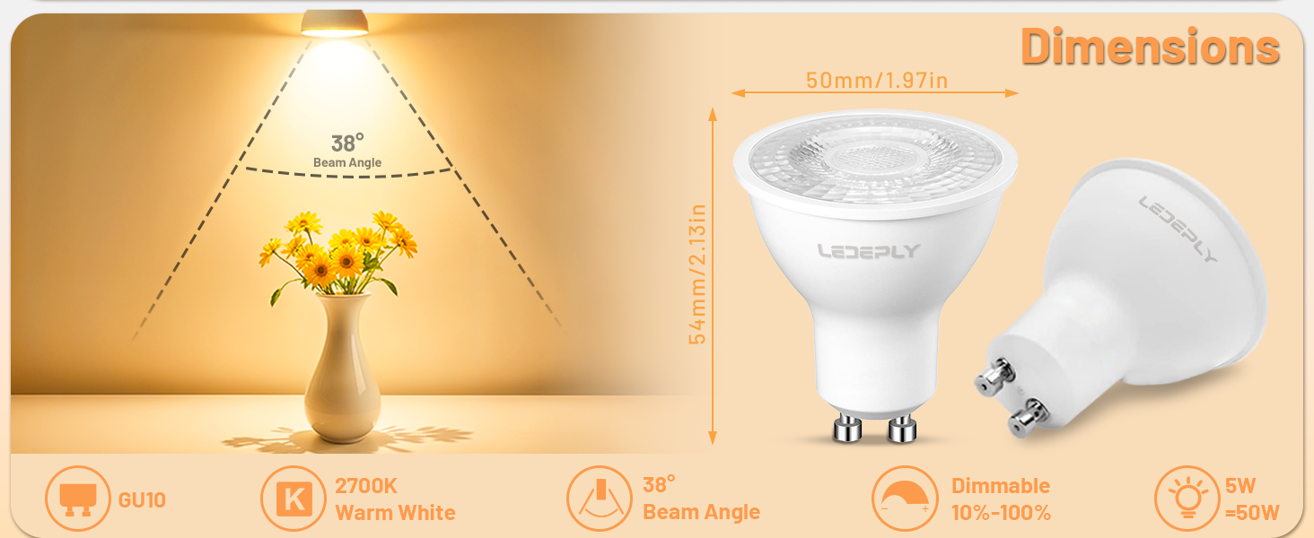 LEDEPLY Dimmable LED GU10 Bulbs, 5W=50W, 2700K Warm White,