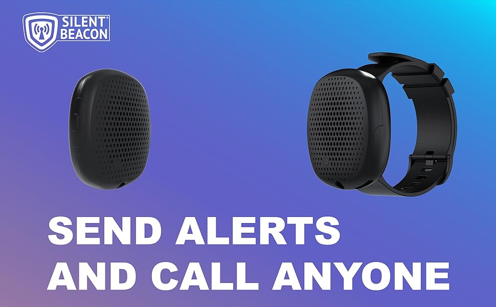 Silent Beacon wearable panic button shown on a wristband next to the standalone beacon