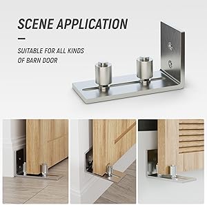 Text reads 'SCENE APPLICATION SUITABLE FOR ALL KINDS OF BARN DOOR'. Metal L-shaped floor guide bracket shown with installation examples on wooden doors.