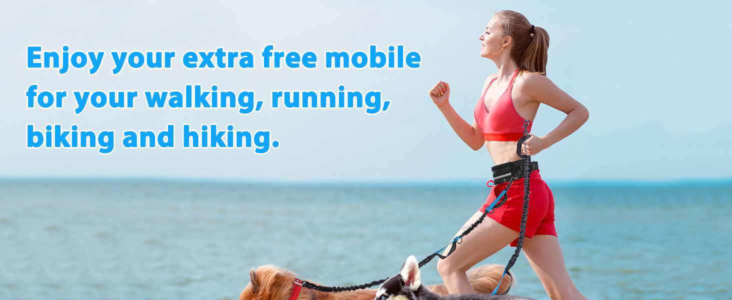 Mujer corriendo con su perro en la playa, vestida con un traje deportivo rojo. La superposición de texto promueve el uso del móvil para caminar, correr, andar en bicicleta y hacer senderismo