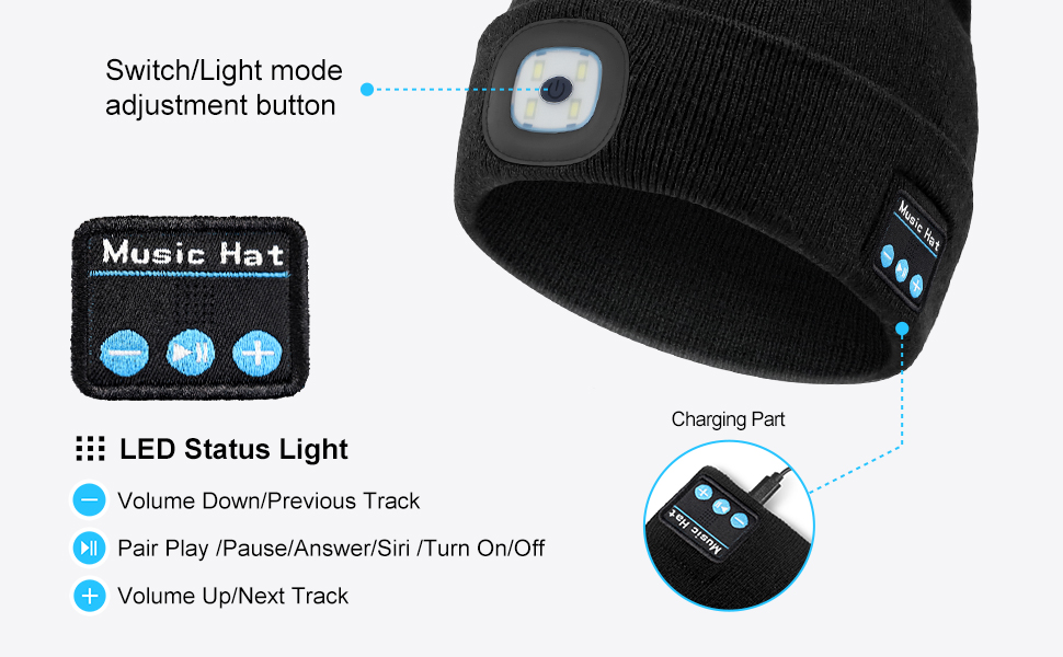Wireless LED beanie with control buttons, charging port, LED status light