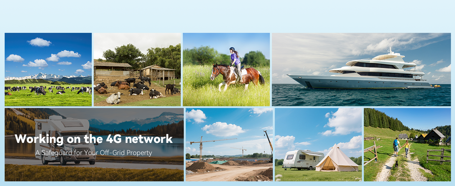 Collage of rural scenes: cows grazing, farm equipment, horseback riding, luxury yacht, construction site, camping, and hiking. Text overlay reads 'Working on the 4G network'.