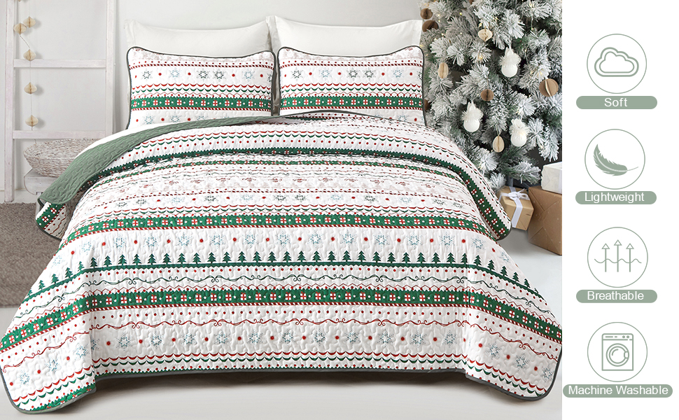 Dinjoy Christmas Quilt Set King Size, Green White Snowflake Christmas Tree Holiday