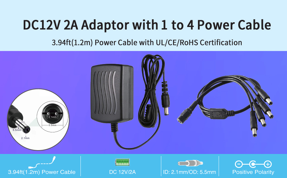 Tonton DC 12V 2A Security Camera Power Supply Adapter Combine with 1 to