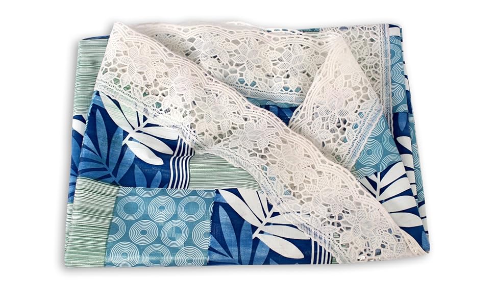 Stylista Plastic Surface Pattern 4 Seater Oval Dining Table Cover with Border Lace (White, Blue