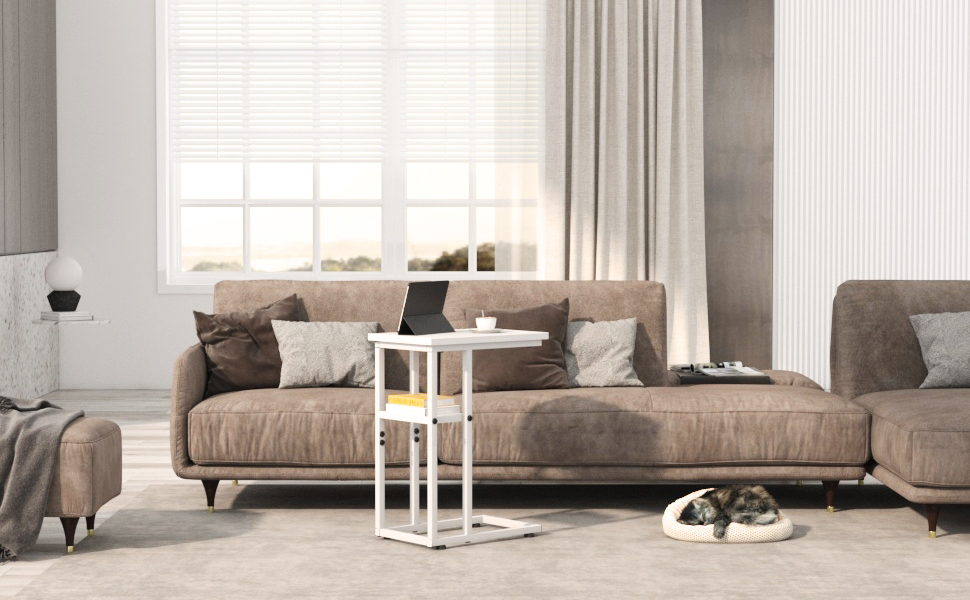C Shaped End Table, 2Tier Sturdy C Table with Storage Narrow Side Table for Living