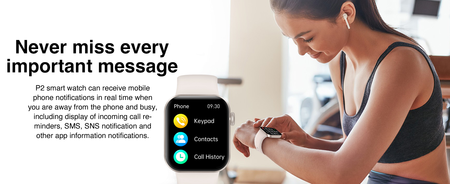 Text reads 'Never miss every important message'. Advertisement showing smartwatch displaying notification interface next to someone checking device.