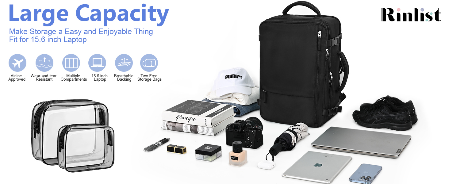 1.Rinlist Black travel essentials backpack for men