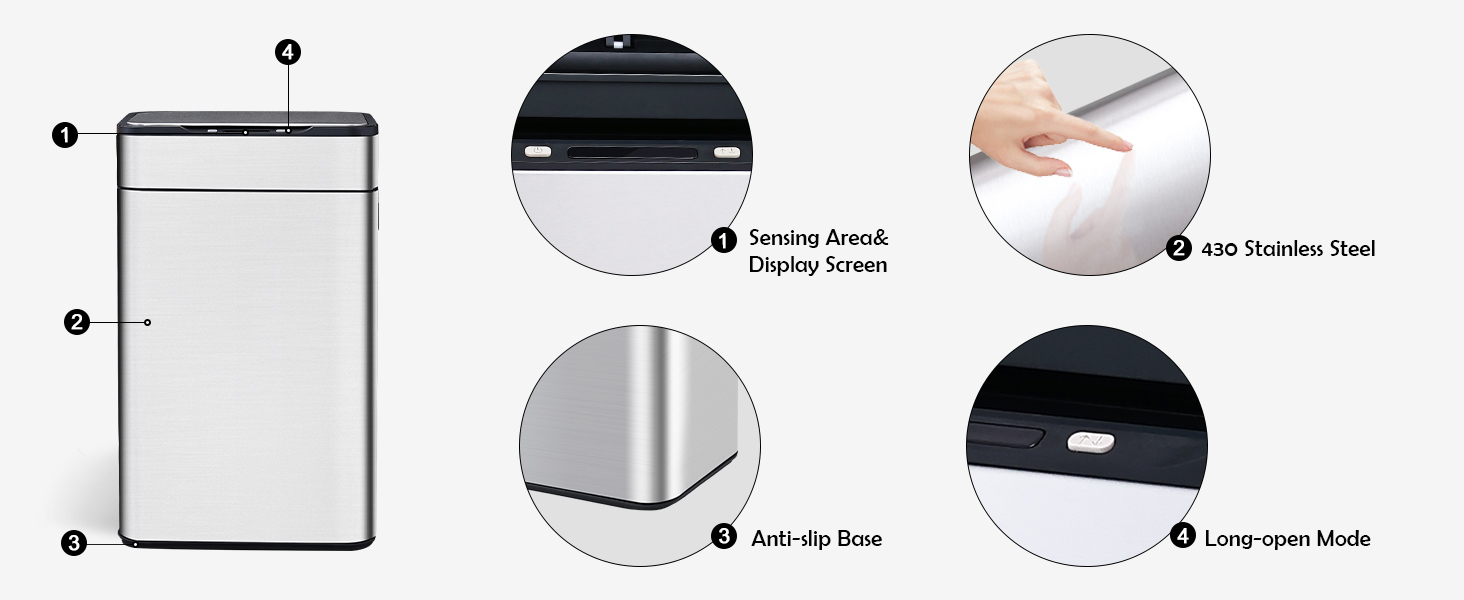 ELPHECO Stainless Steel Kitchen Trash Can 15 Gallon Motion