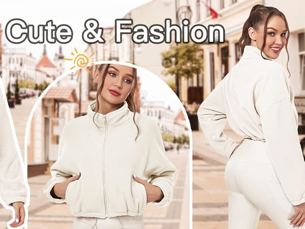 ABOCIW Cropped Coats for Women Full Zip Fleece Hoodie Long