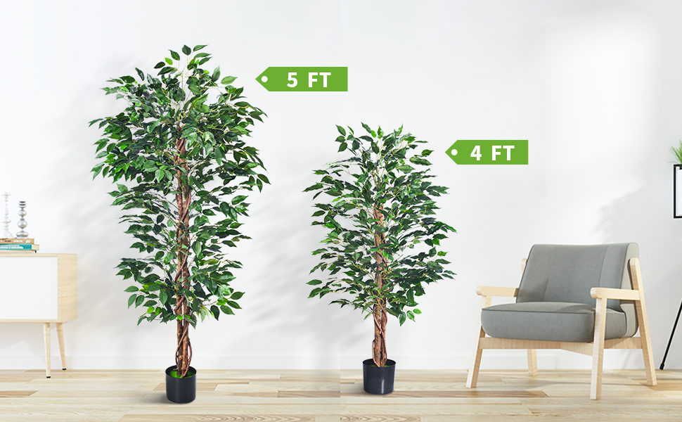 HAIHONG Artificial Ficus Tree 5FT Faux Silk Plants with Sturdy Plastic Nursery Pot