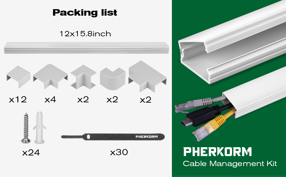 189in Cable Raceways，PHERKORM Fliptop Cable Management kit, Cable Cord Hider for TV