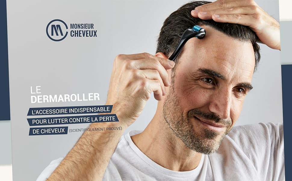 Un outil de soin personnel Derma Roller est présenté sur fond gris, avec le texte « LE DERMAROLLER » visible et le logo