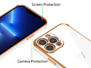 ZTOFERA Compatible with iPhone 15 Pro Max (6.7") Case for Girls Women, Flexible Silicone Protective Phone Case with Cute Love Heart Pattern Gold Edging Shockproof Bumper Cover, White 15 iPhone 15 Pro Max case screen & camera protection