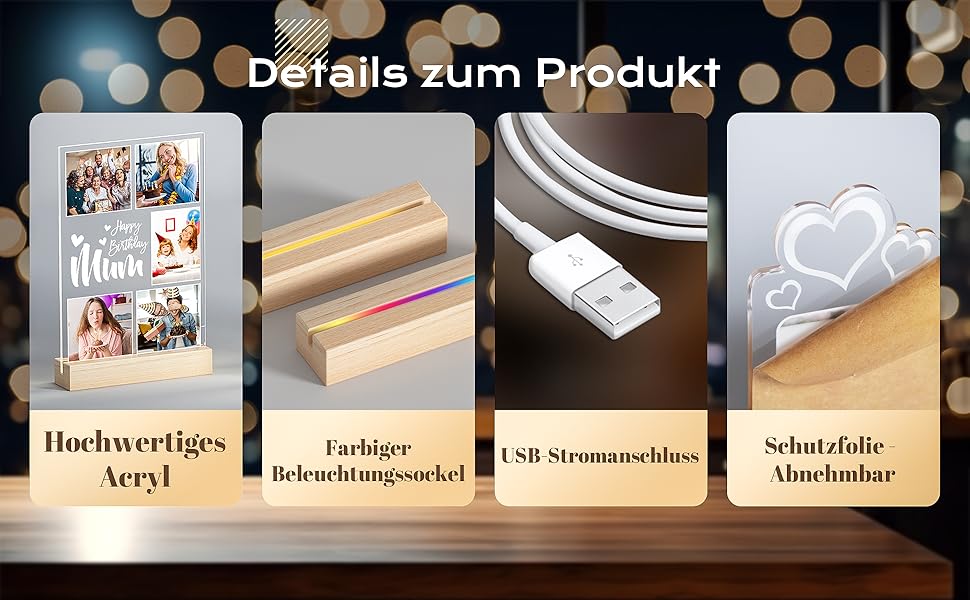 Product details showcasing four items: a multi-photo frame, wooden stands, USB charging cable, and heart-shaped string lights, labeled in German.