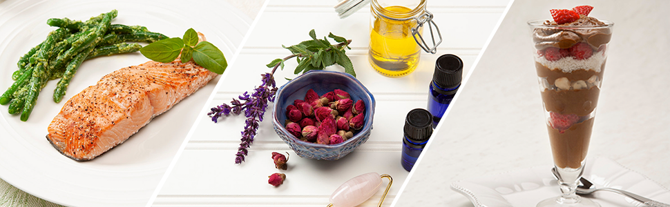 food images of salmon, berries, parfait