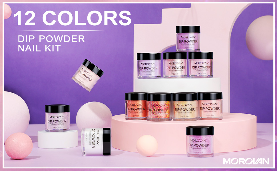 Morovan Dip powder Nail Kit 12 Colors Dip Powder Nail Set Glitter Dipping Powder