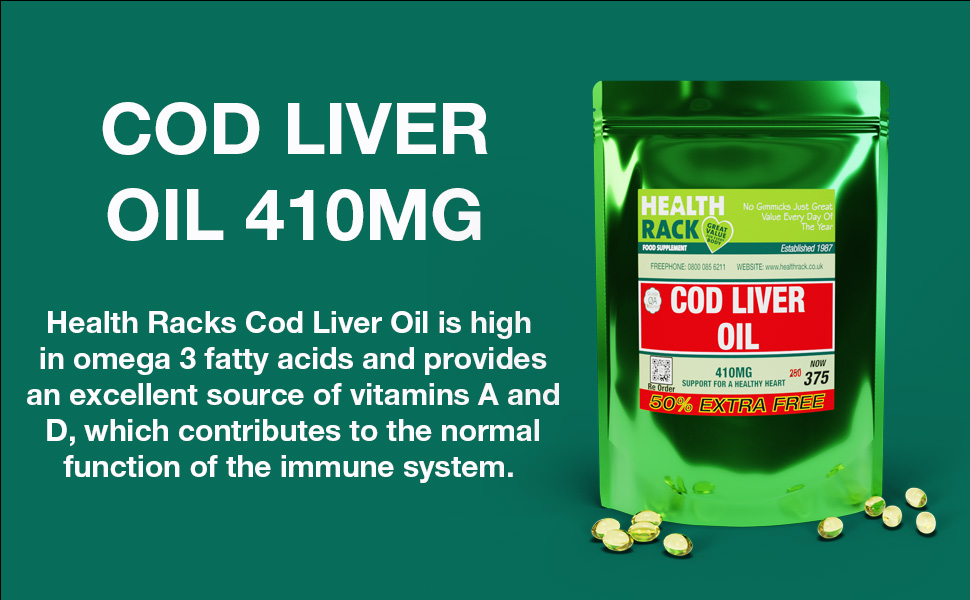 Cod Liver Oil High in Omega 3, Vitamin A & D3, 375 Capsules, One Year