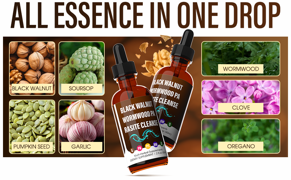 Text reads 'Image 5' and 'ALL ESSENCE IN ONE DROP'. Product showcase featuring various botanical ingredients in labeled sections, including garlic, artichoke, and other natural elements.