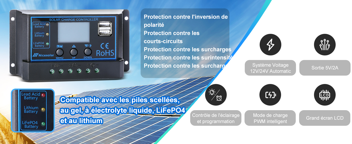 avec écran LCD et boutons. Les fonctionnalités incluent une protection contre l'inversion de polarité, la surcharge et la surcharge. Compatible avec différents types de batteries. Les icônes indiquent la régulation de la tension et de multiples fonctions de protection.