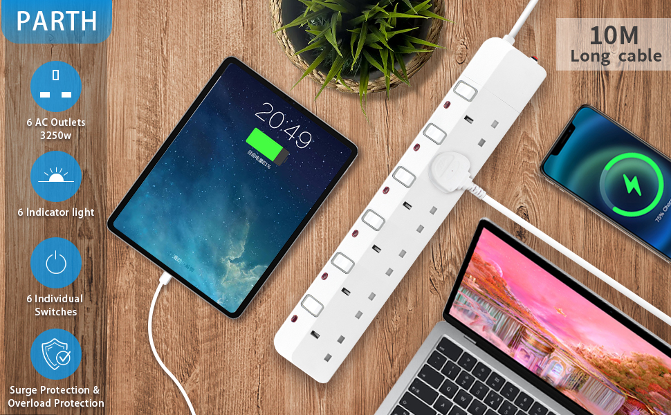 PARTH Surge Protected Extension Lead 10m Cable 6 Plugs Extension