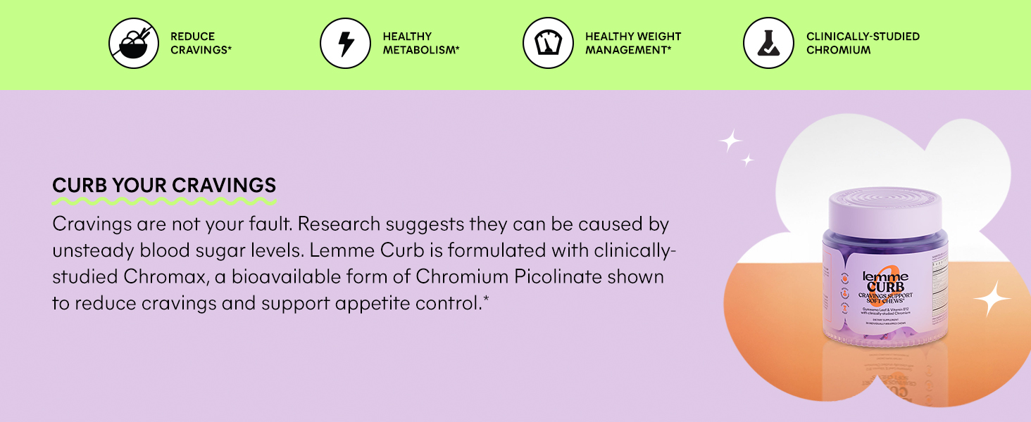 Curb your cravings-Lemme Curb is formulated with clinically-studied Chromax shown to reduce cravings