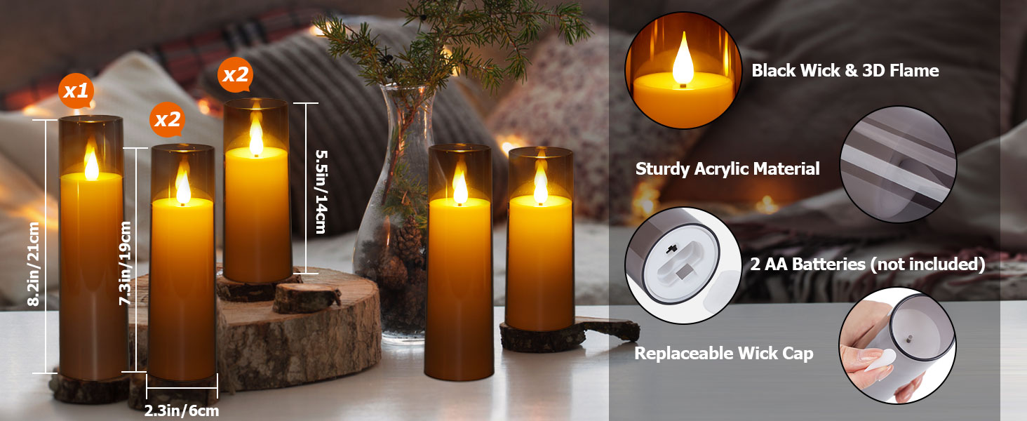 IMAGE Flickering Flameless Candles Battery Operated, Acrylic Shell