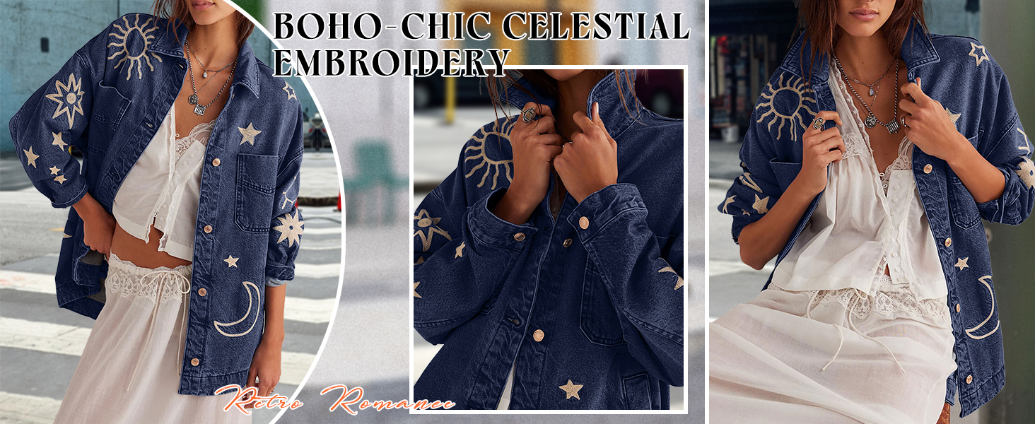 boho retro button up embroidery jean jacket