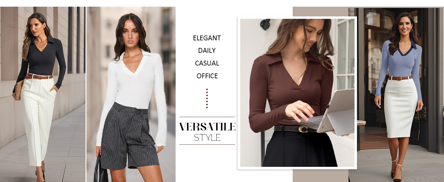 Womens Long Sleeve V Neck Polo Shirts Business Casual Collared Work Top Slim Fitted Basic 2025 Fall Outfit 20 work tops for women
