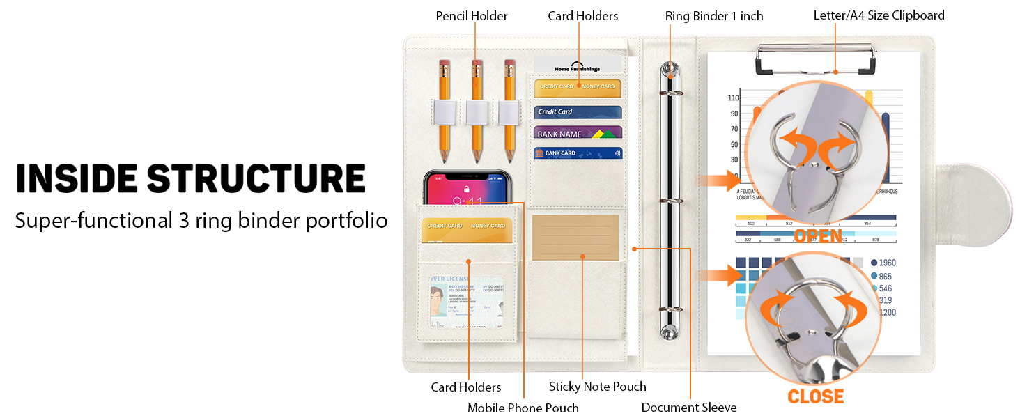 Toplive Padfolio Folder 3 Ring Binder PU Leather Portfolio
