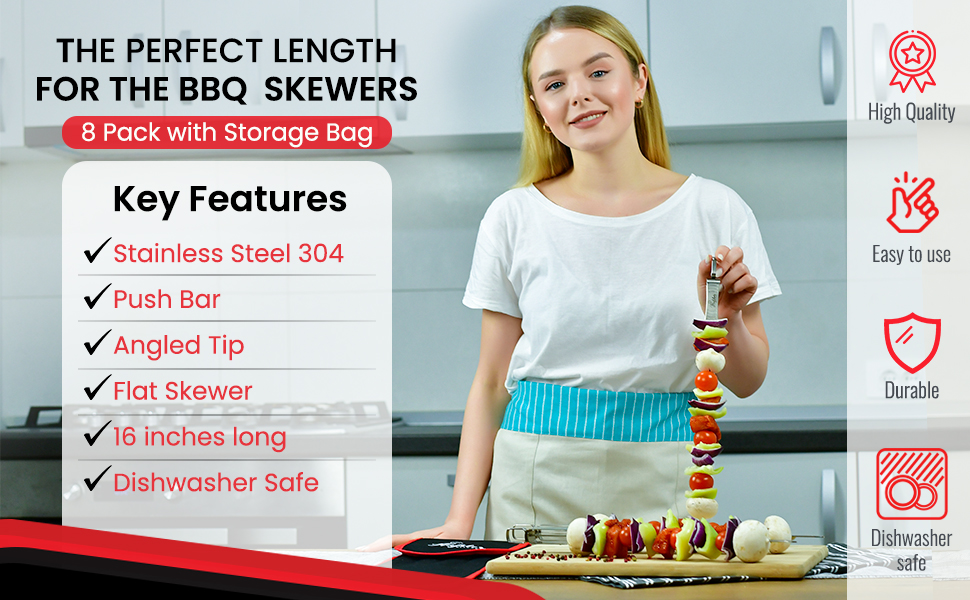 Skewers for Grilling -Stainless Steel -  Push bar - 16 Inches - Dishwasher Safe- Flafster Kitchen